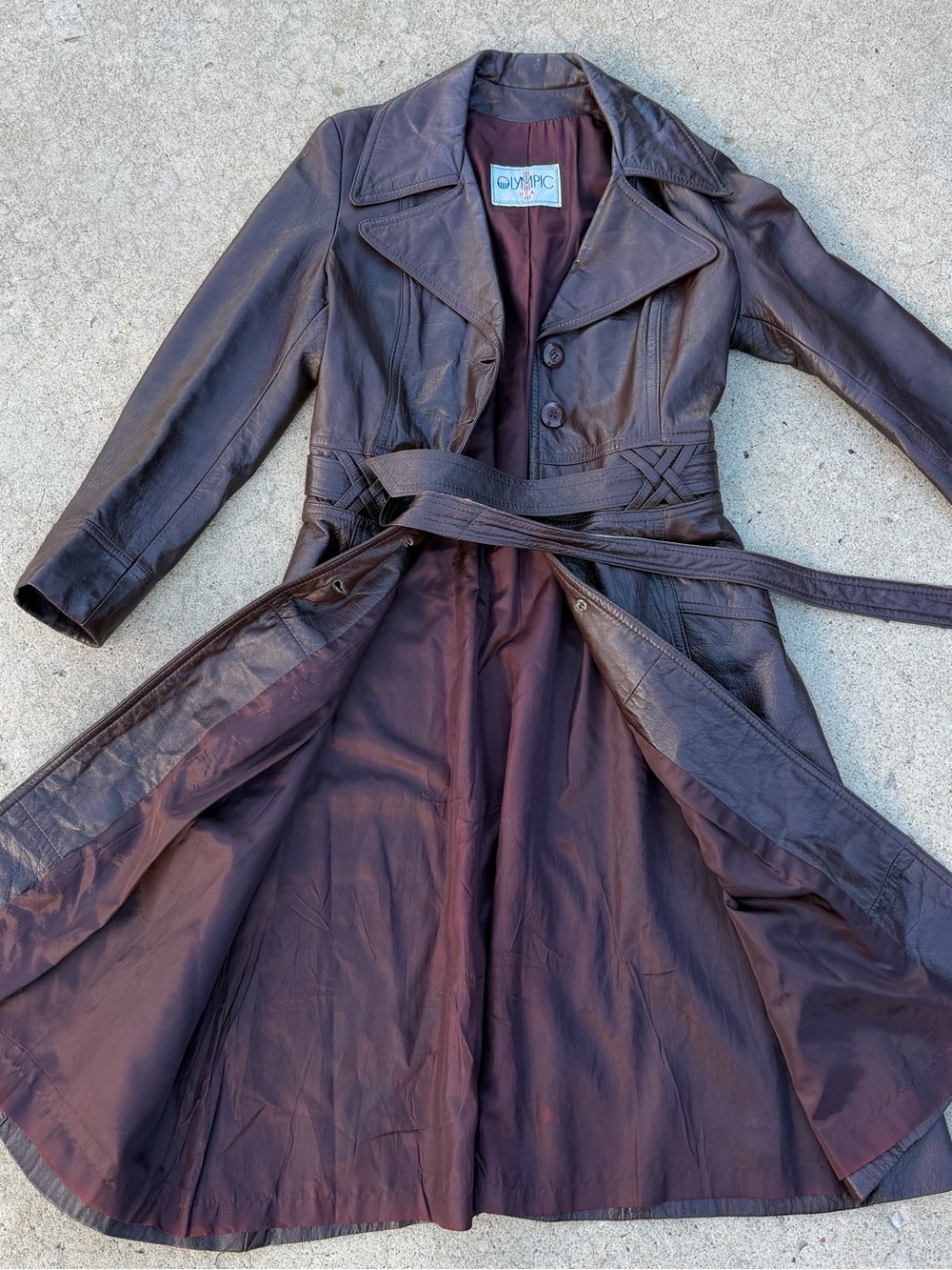 VTG 70s Olympic USA Brown Leather Trench Coat Belted Braided Waist Boho Hippie M